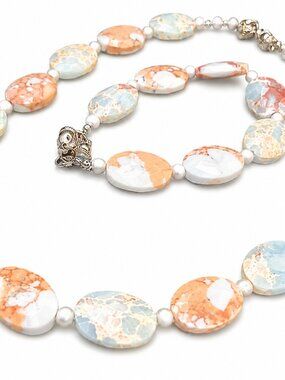 Handmade Natural Shoushan Stone & Mother of Pearl Set Necklace Bracelet